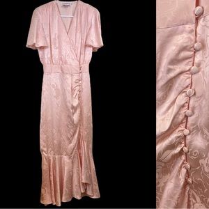 1980s Vintage Pink Satin-like Rose Brocade Dress with Fishtail Hem